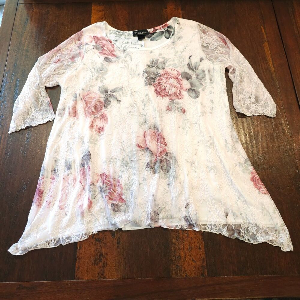 floral lace overlay blouse fits XL sheer romantic top 3/4 sleeve vintage garden